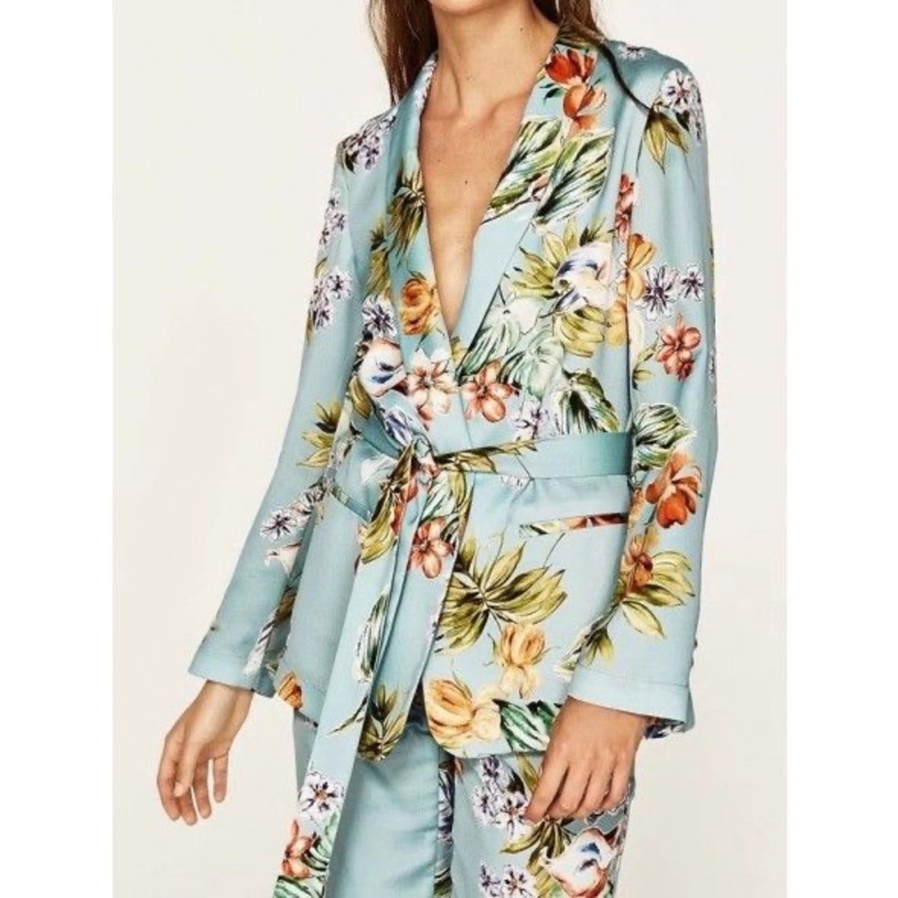 Zara Mint Blue Floral Tie-Waist Blazer